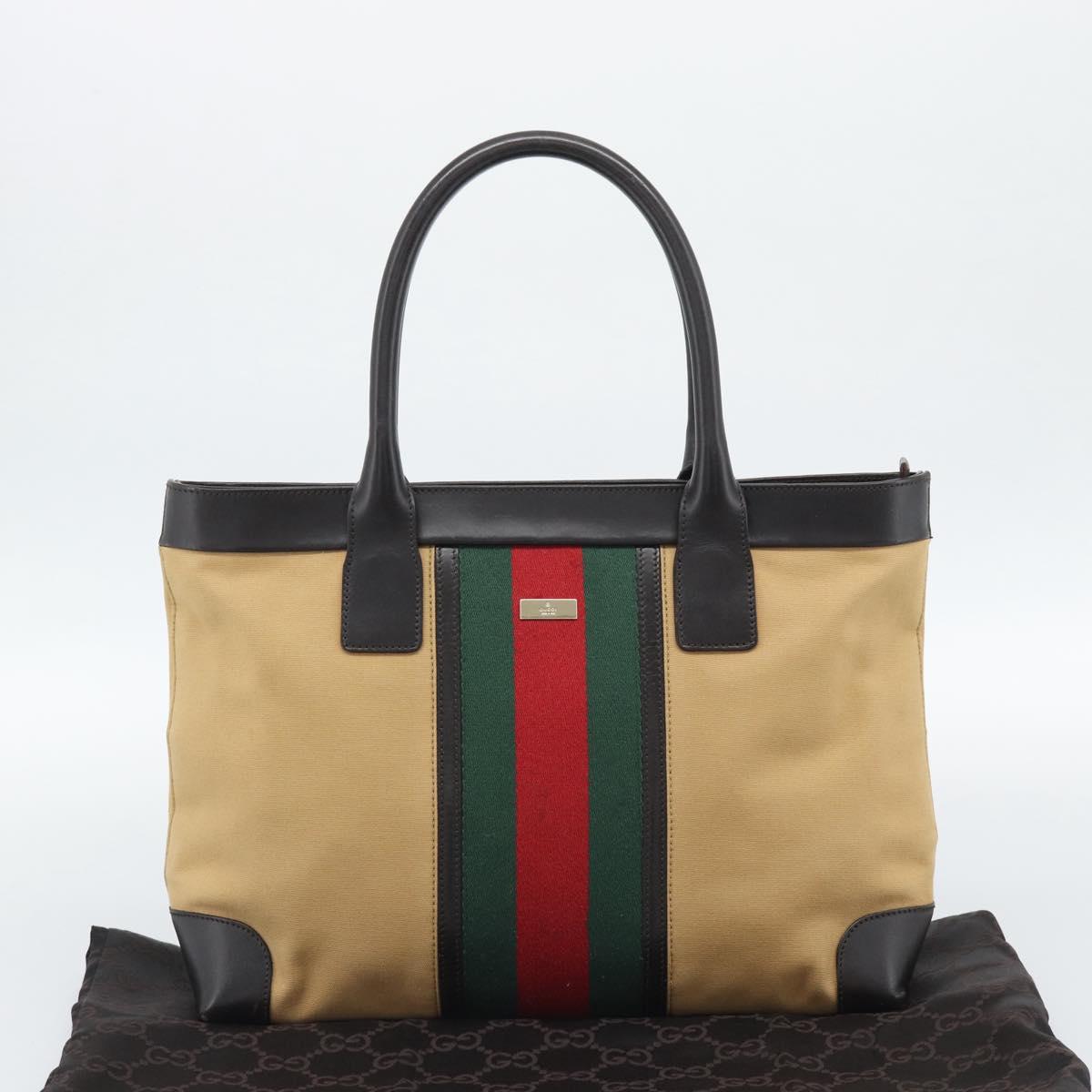GUCCI Web Sherry Line Tote Bag Canvas Beige Gold 002 1119 Auth BA14116A