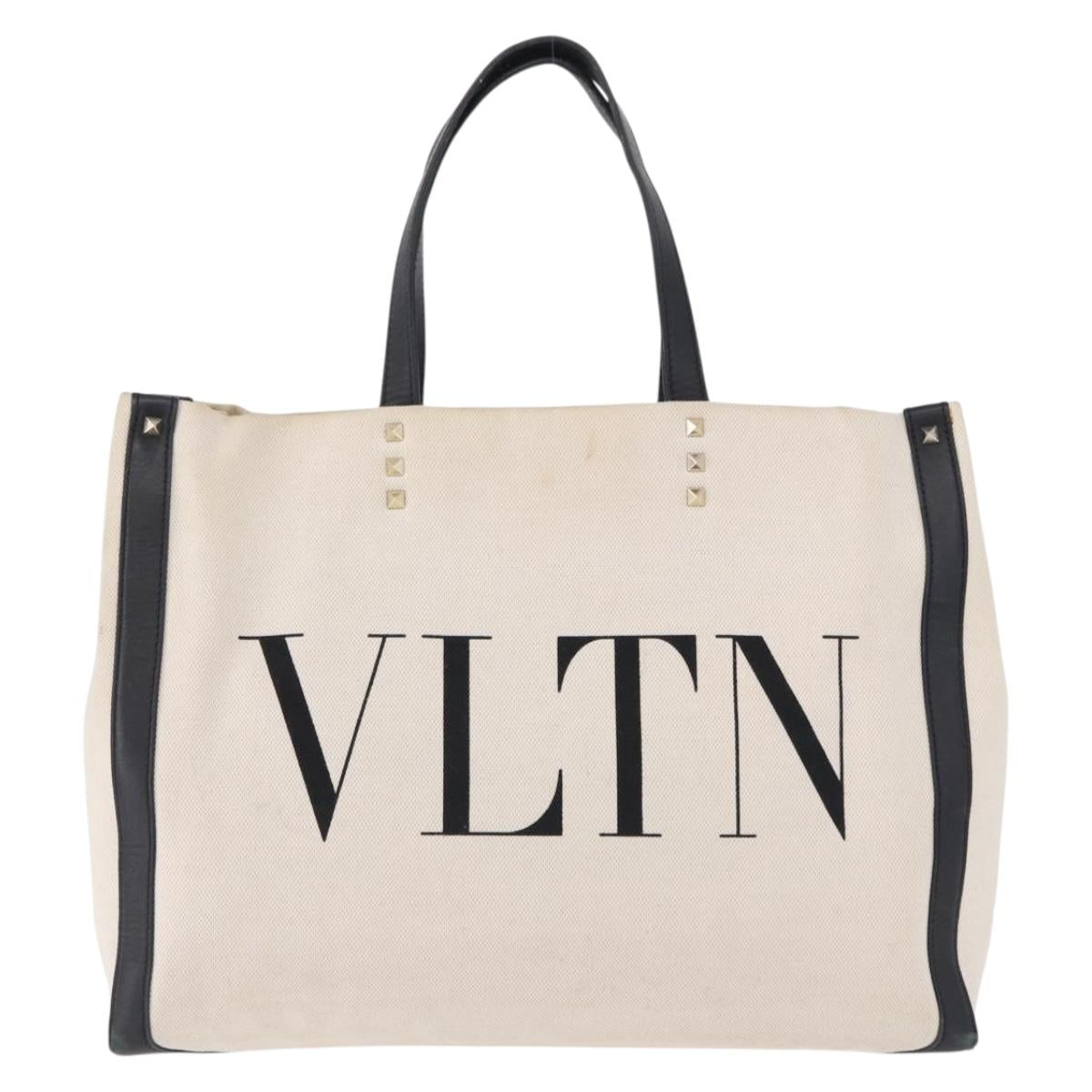 VALENTINO Tote Bag Canvas Ivory Gold Auth BA14128