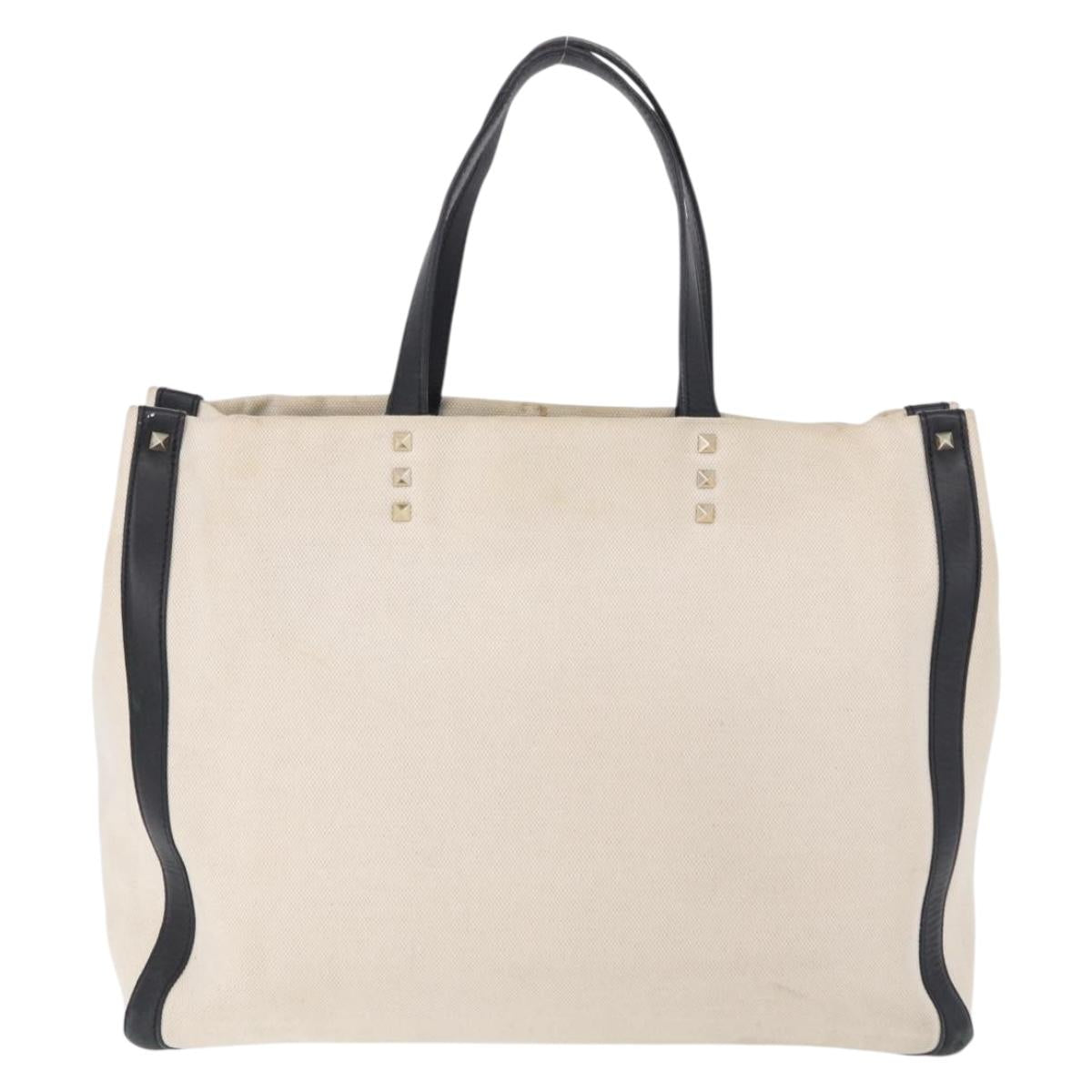 VALENTINO Tote Bag Canvas Ivory Gold Auth BA14128
