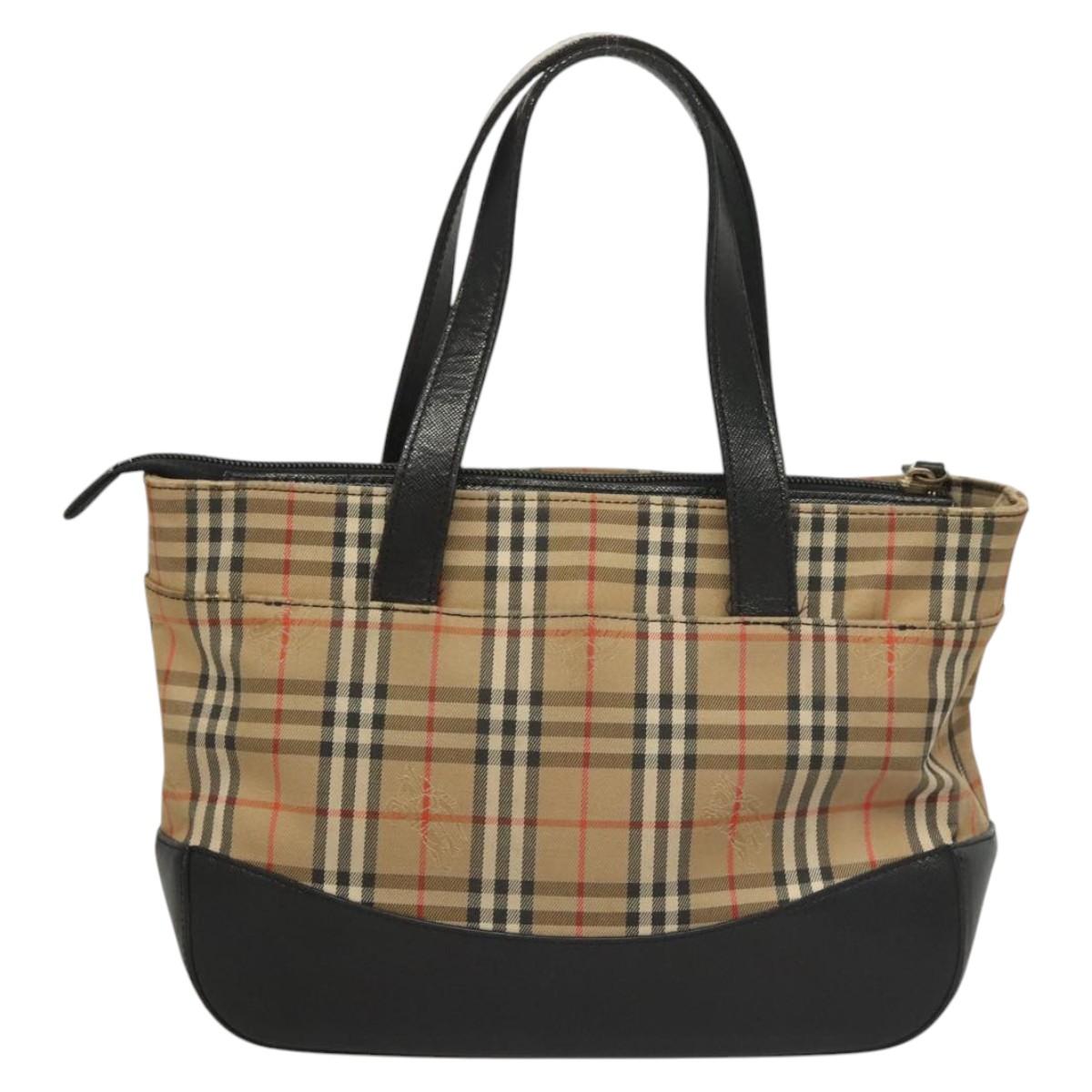 Burberrys Nova Check Hand Bag Canvas Beige Gold Auth BA1414