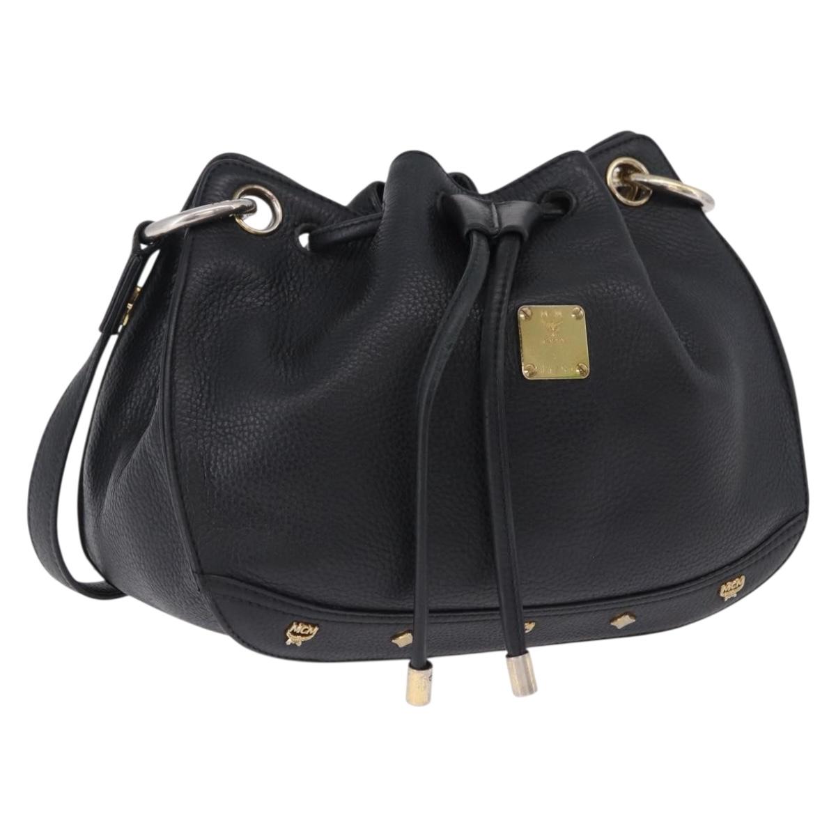 MCM Purse Shoulder Bag Leather Black Gold Auth BA14146A