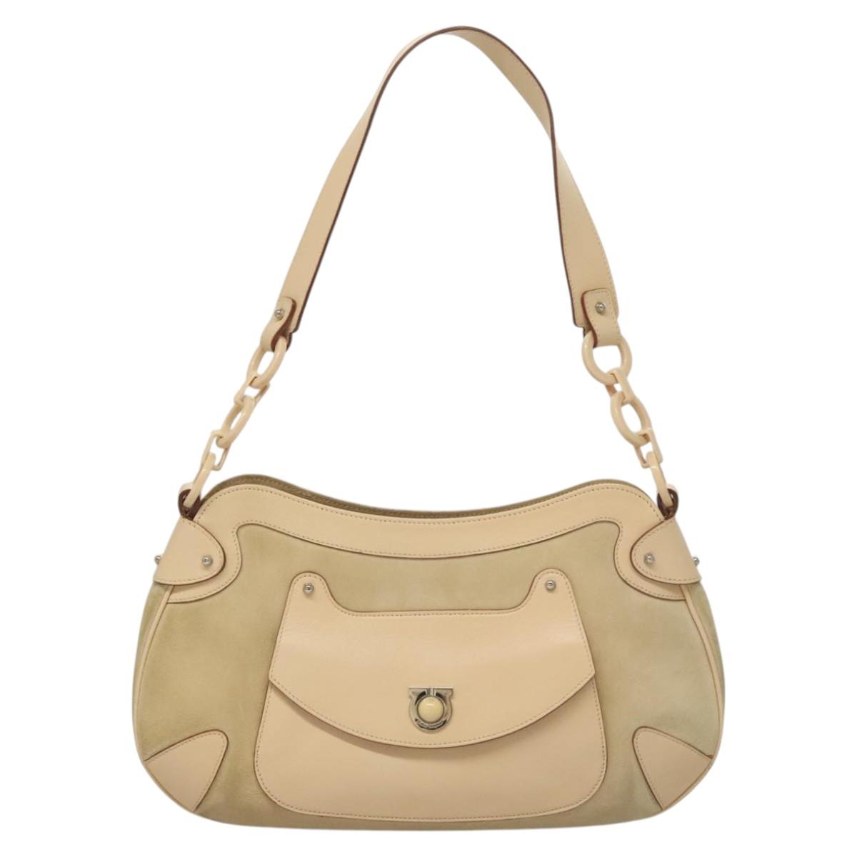 Salvatore Ferragamo Gancini Shoulder Bag Suede Leather Beige Silver Auth BA1415