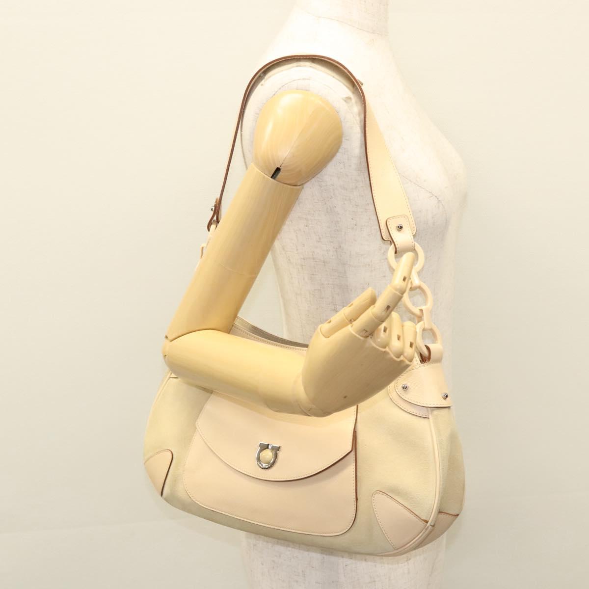 Salvatore Ferragamo Gancini Shoulder Bag Suede Leather Beige Silver Auth BA1415