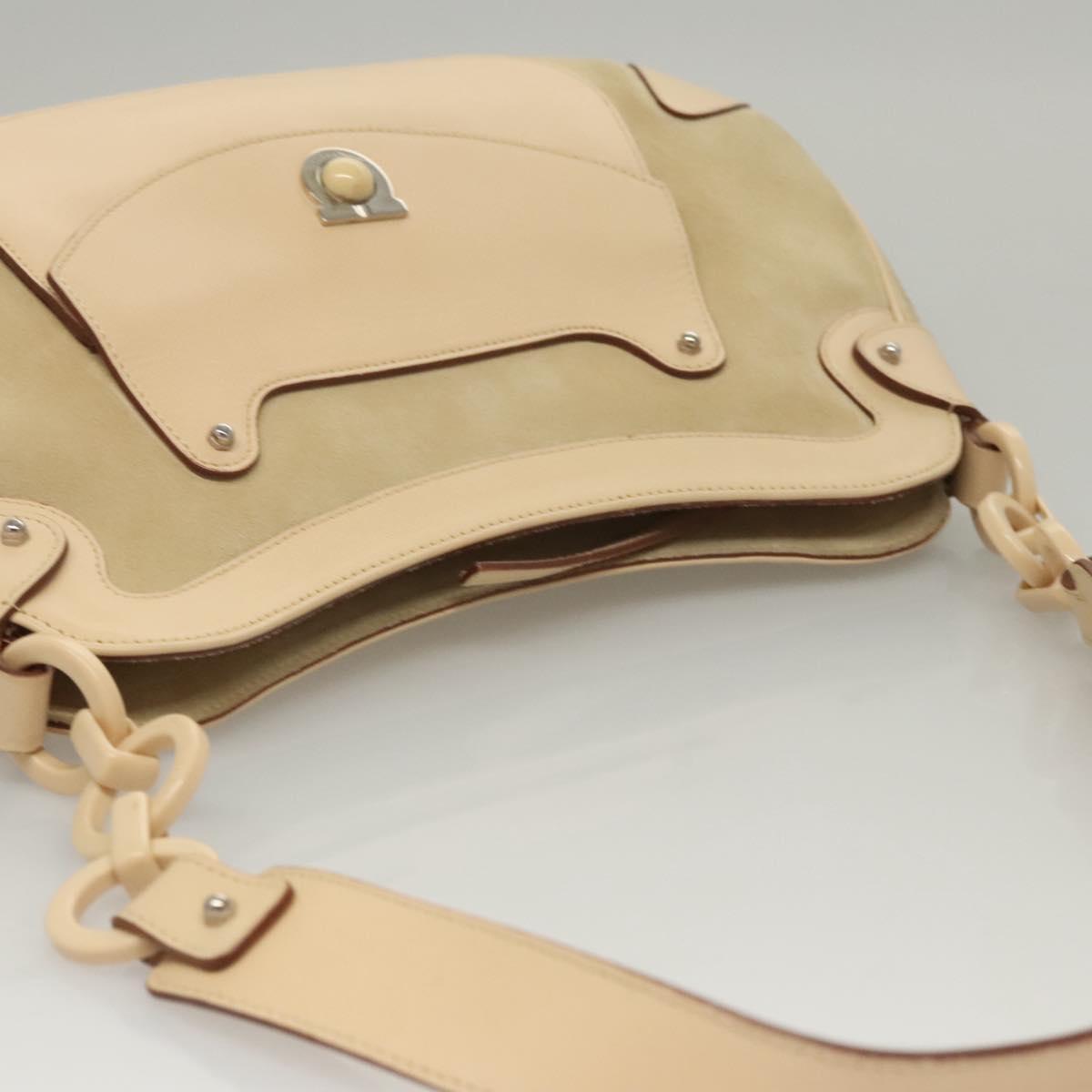 Salvatore Ferragamo Gancini Shoulder Bag Suede Leather Beige Silver Auth BA1415