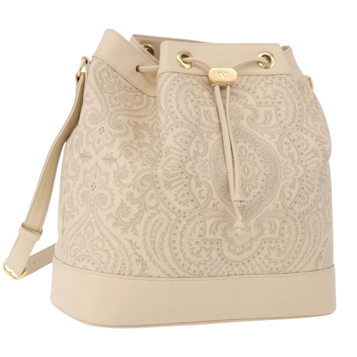 VALENTINO Drawstring Shoulder Bag Leather Ivory Auth BA14162V