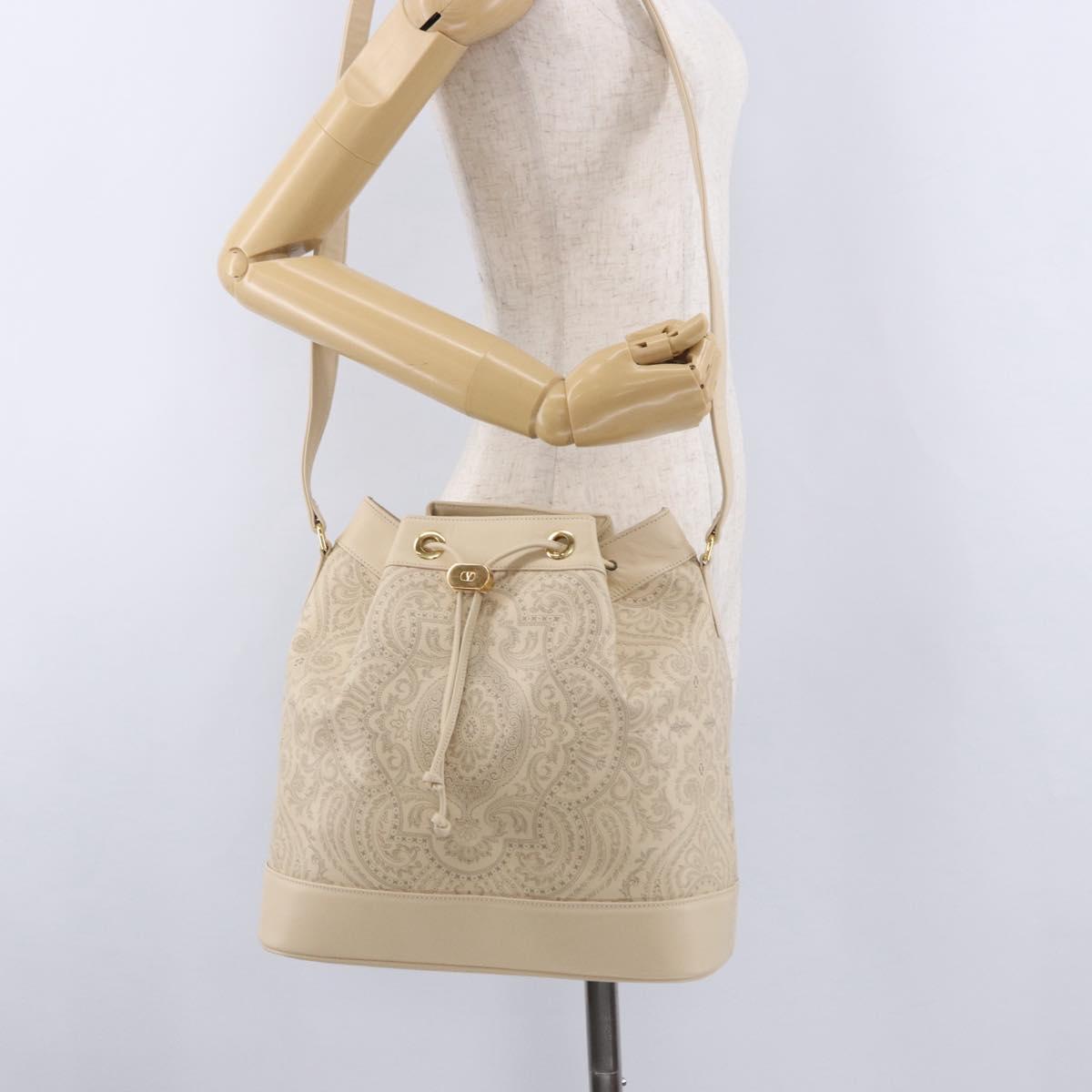 VALENTINO Drawstring Shoulder Bag Leather Ivory Auth BA14162V