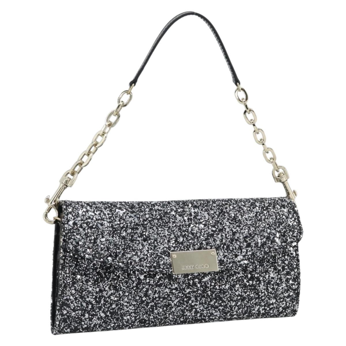 Jimmy Choo Glitter Chain Hand Bag Sequin Black Gold Tone Auth BA14167