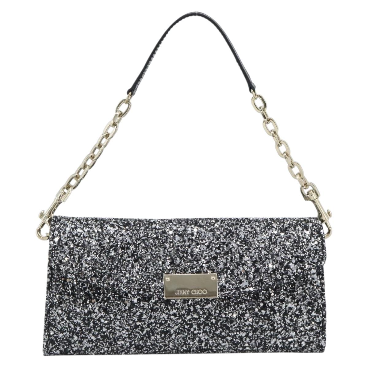 Jimmy Choo Glitter Chain Hand Bag Sequin Black Gold Tone Auth BA14167