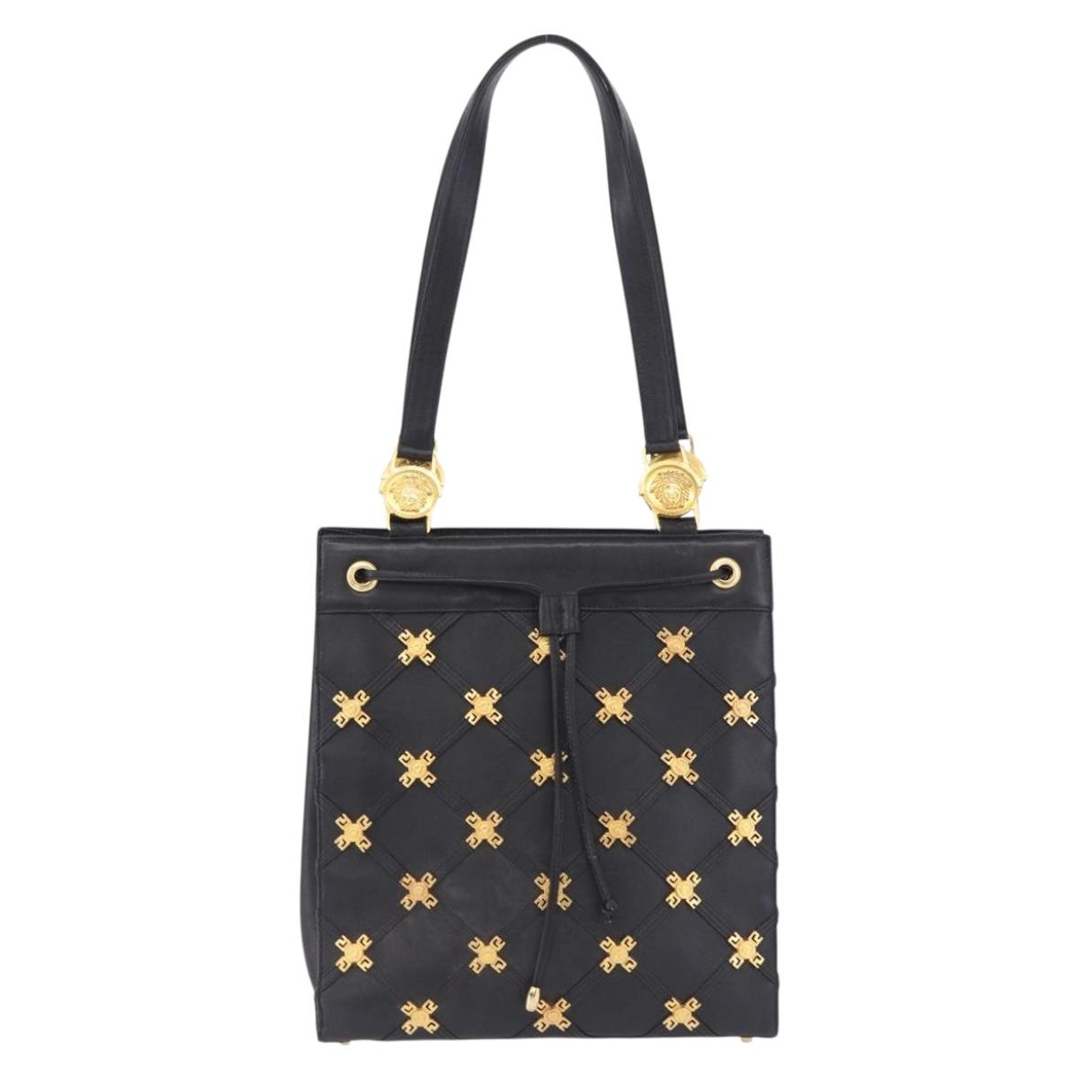 Gianni Versace Tote Bag Leather Black Gold Tone Auth BA14178V