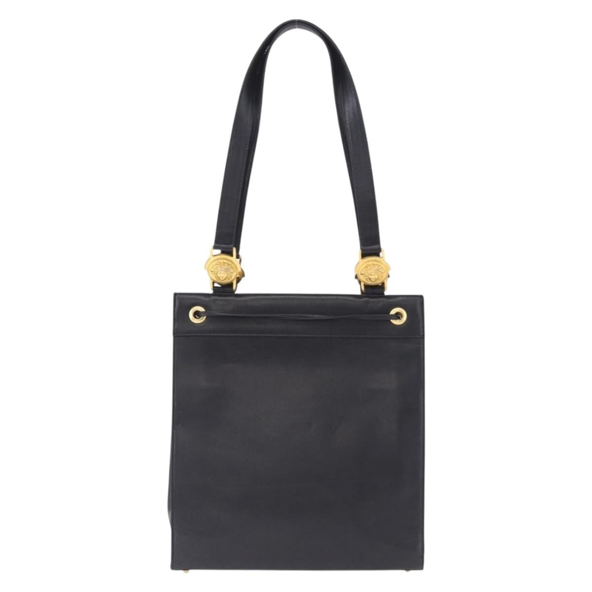 Gianni Versace Tote Bag Leather Black Gold Tone Auth BA14178V