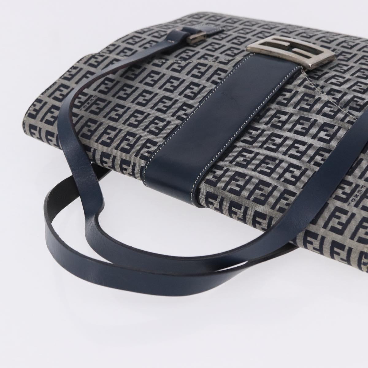 FENDI Zucchino Canvas Mamma Baguette Hand Bag Navy Silver Auth BA14179A