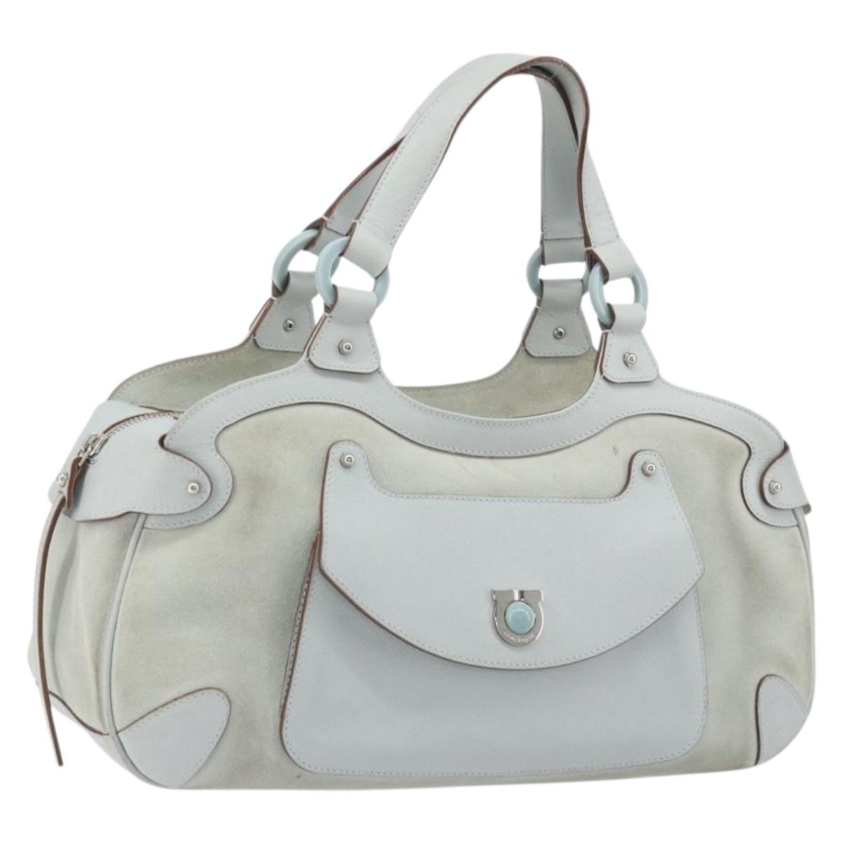 Salvatore Ferragamo Gancini Hand Bag Suede Light Blue Silver Auth BA14181