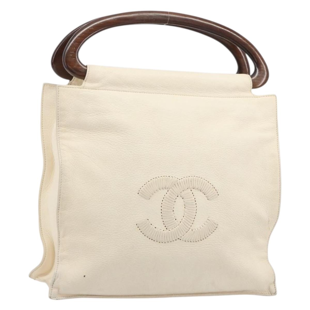 CHANEL Hand Bag Leather White Gold CC Auth BA14202A