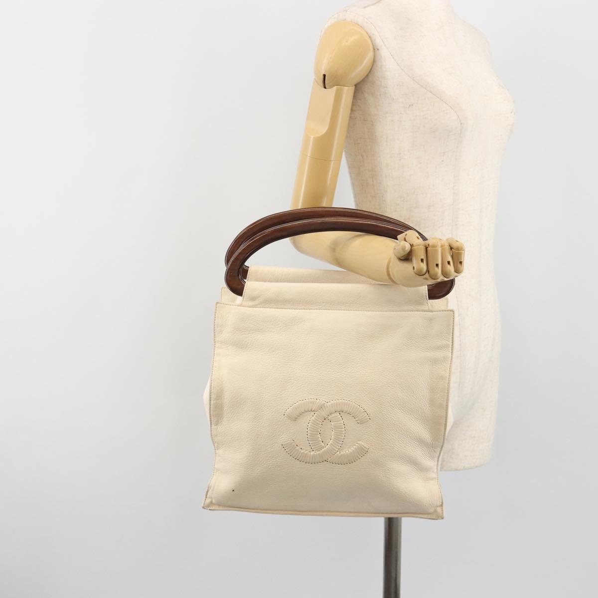 CHANEL Hand Bag Leather White Gold CC Auth BA14202A