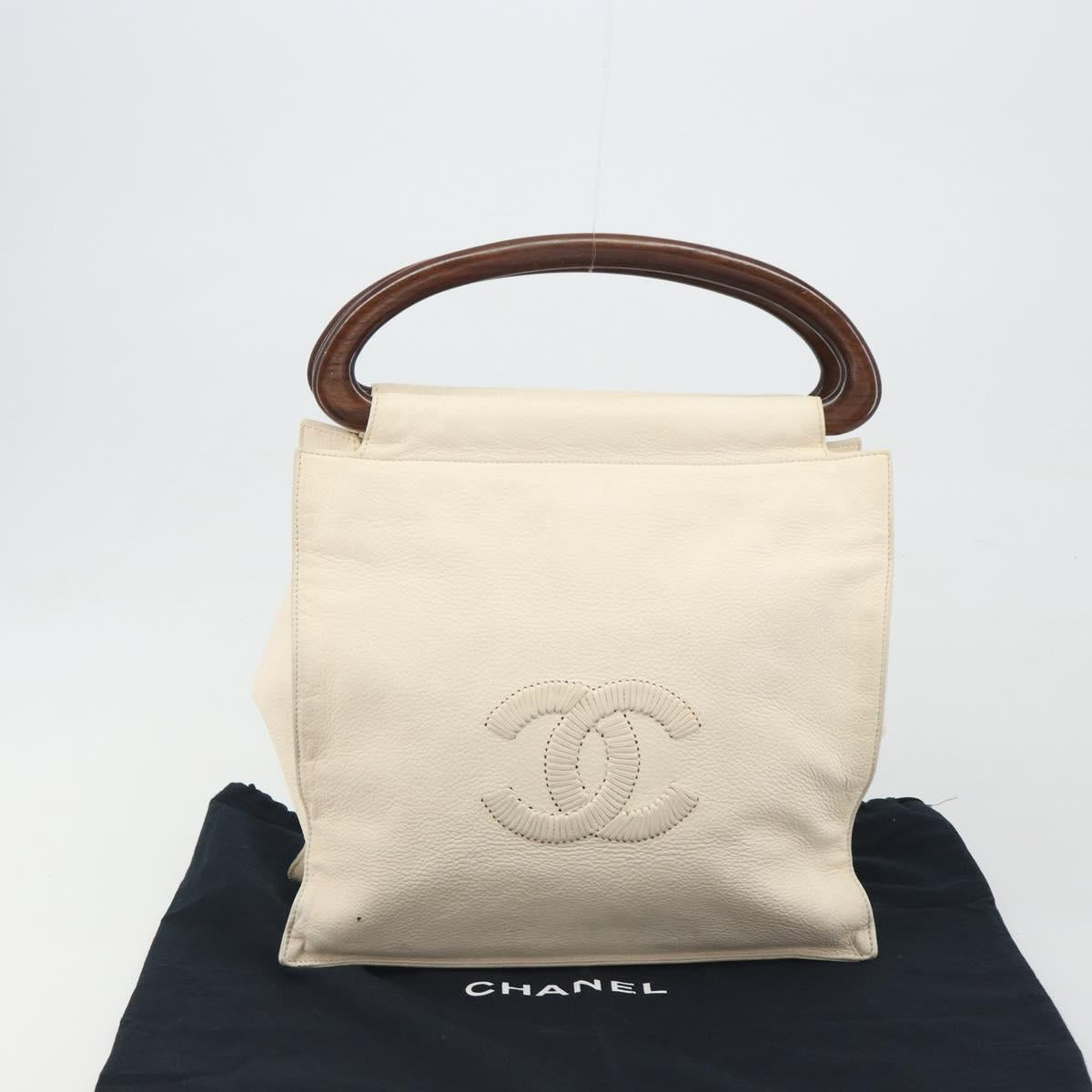 CHANEL Hand Bag Leather White Gold CC Auth BA14202A