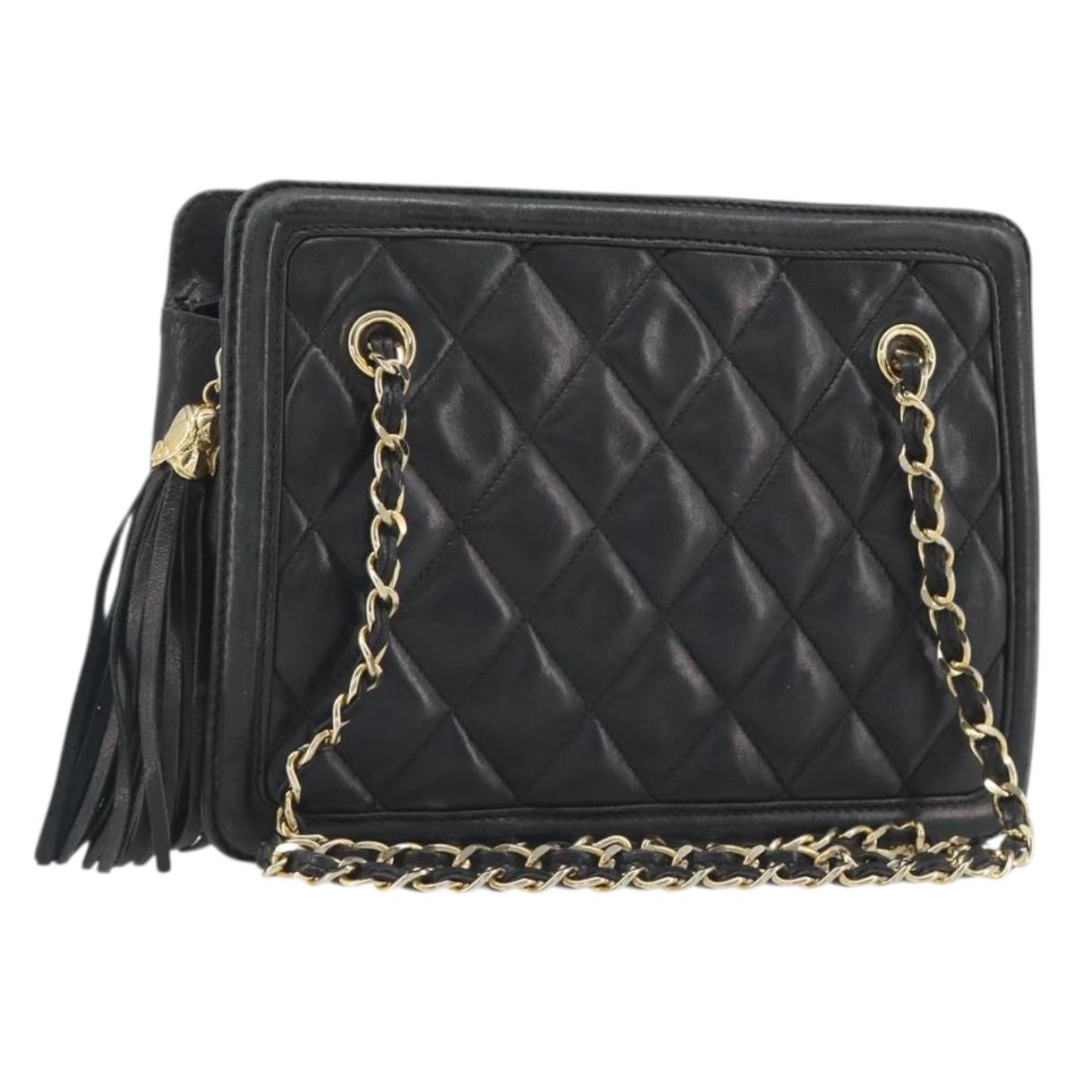 CHANEL Matelasse Chain Shoulder Bag Lamb Skin Black Gold CC Auth BA14203A