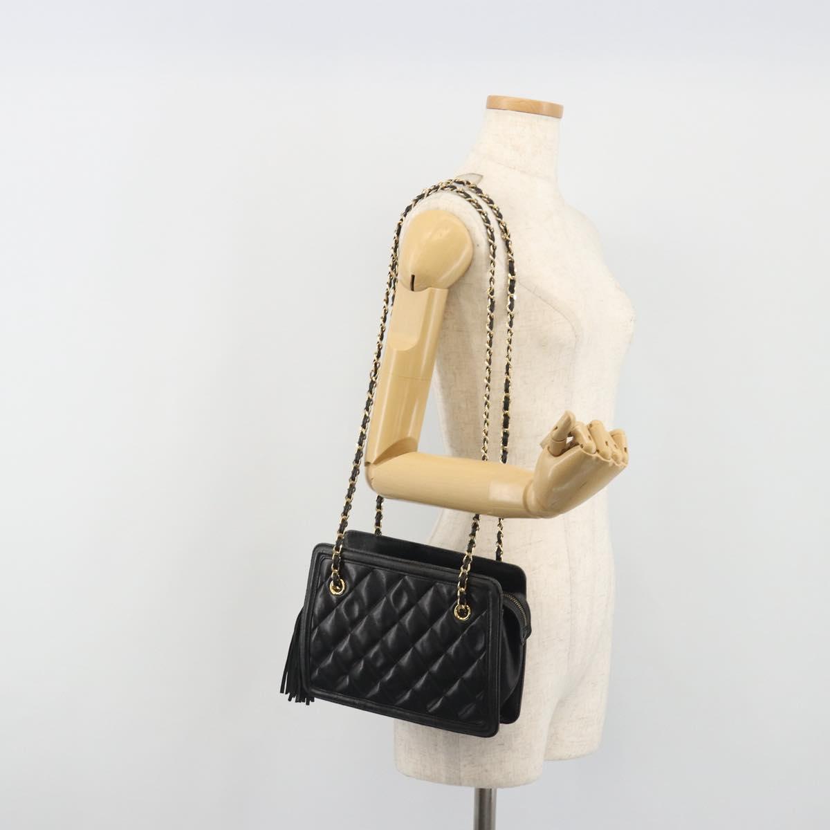 CHANEL Matelasse Chain Shoulder Bag Lamb Skin Black Gold CC Auth BA14203A
