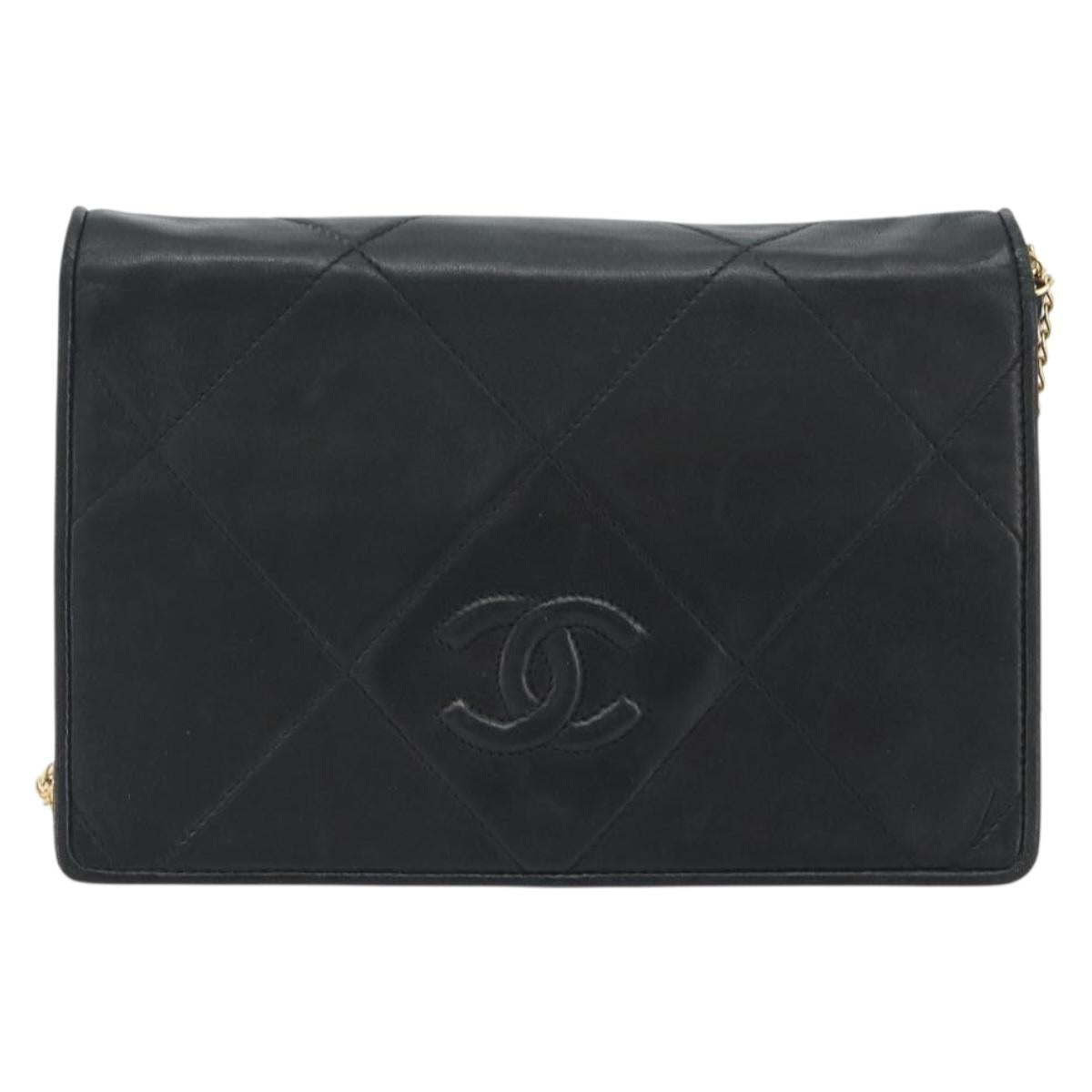 CHANEL Matelasse Chain Shoulder Bag Lamb Skin Black Gold CC Auth BA14205A