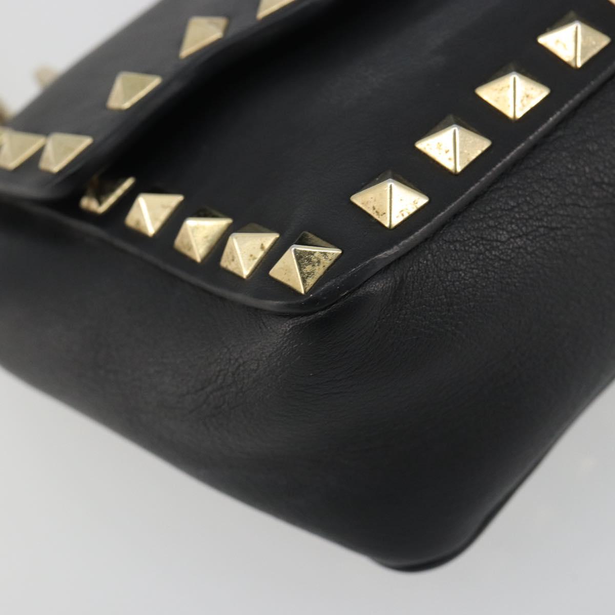 VALENTINO Studs Chain Shoulder Bag Leather Black Gold Auth BA14207A