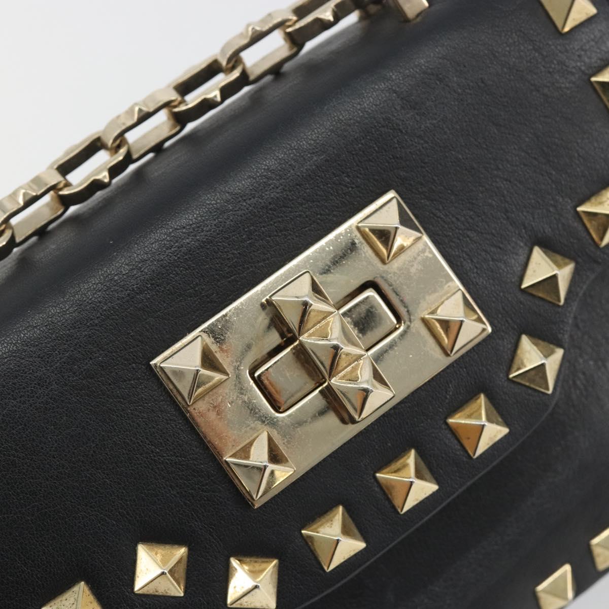 VALENTINO Studs Chain Shoulder Bag Leather Black Gold Auth BA14207A