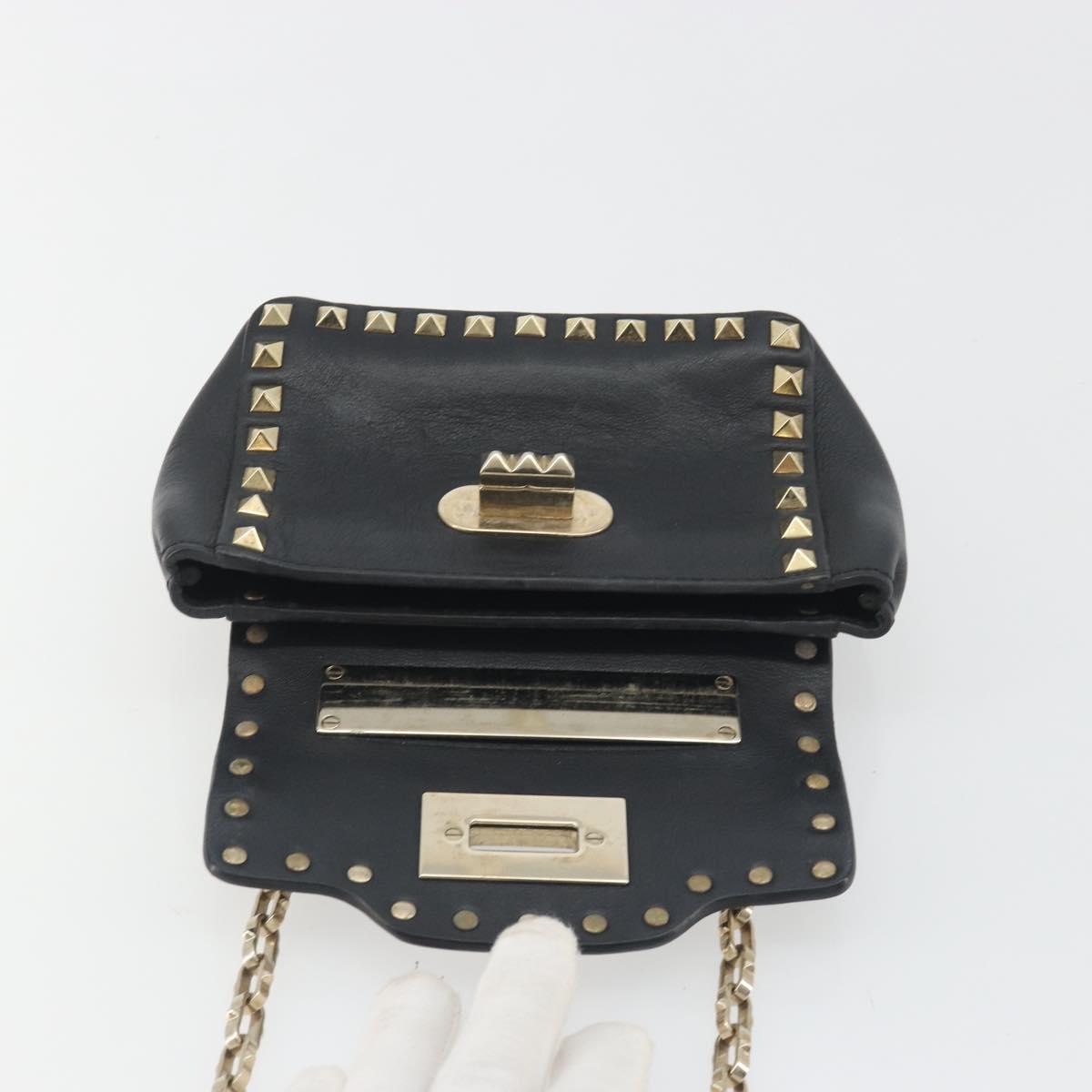 VALENTINO Studs Chain Shoulder Bag Leather Black Gold Auth BA14207A