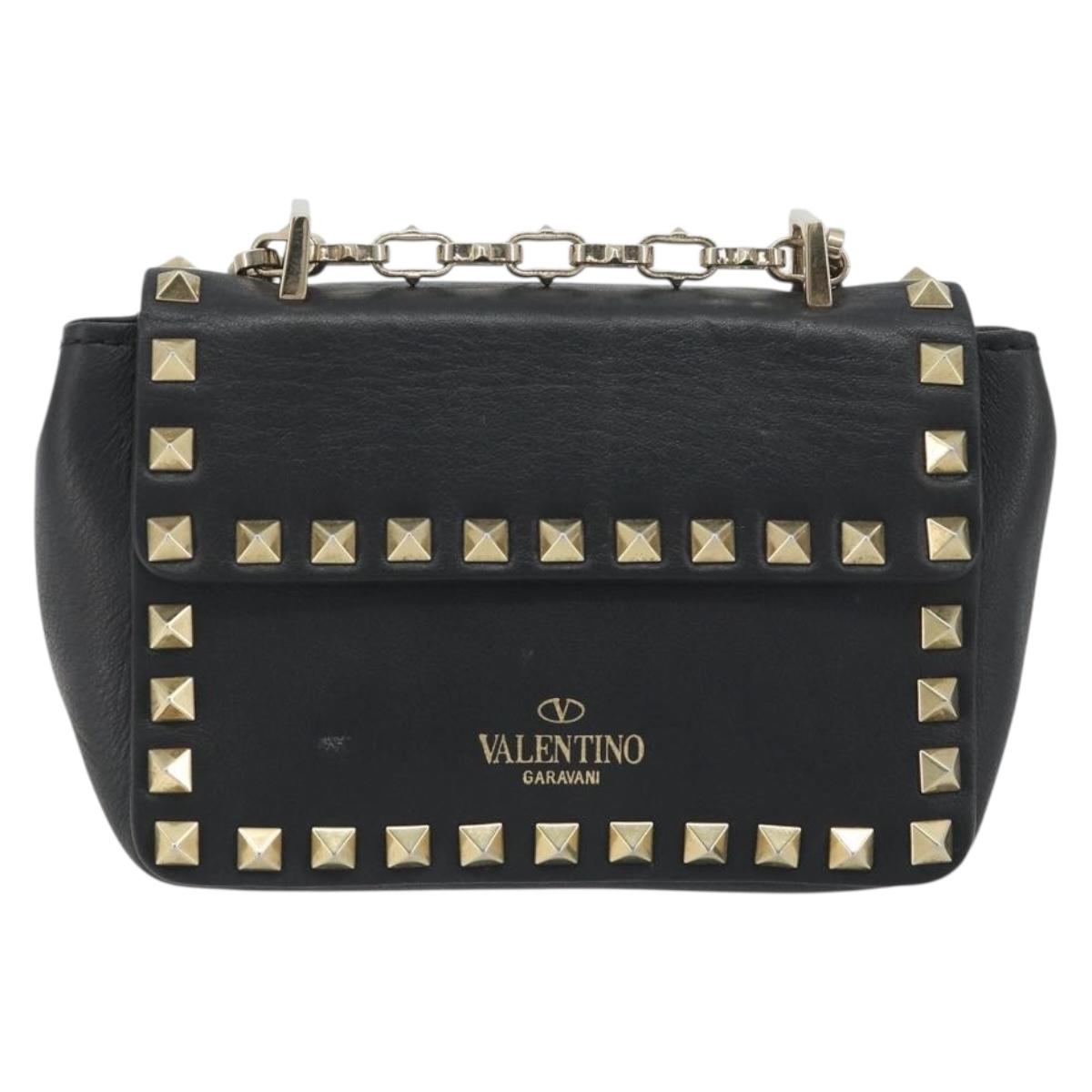 VALENTINO Studs Chain Shoulder Bag Leather Black Gold Auth BA14207A