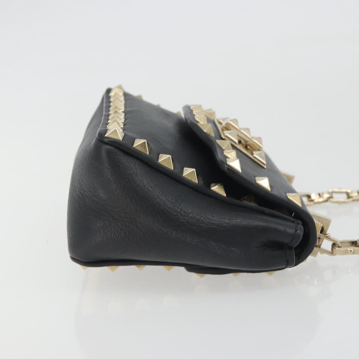 VALENTINO Studs Chain Shoulder Bag Leather Black Gold Auth BA14207A