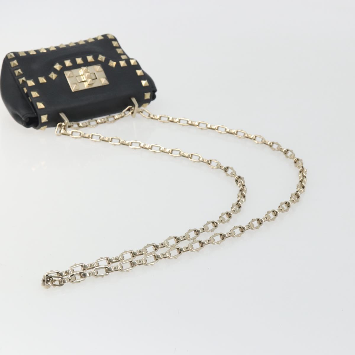 VALENTINO Studs Chain Shoulder Bag Leather Black Gold Auth BA14207A