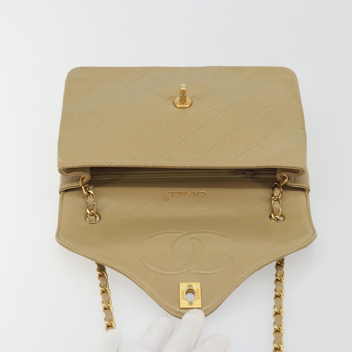 CHANEL Matelasse Chain Shoulder Bag Lamb Skin Beige Gold CC Auth BA14209A