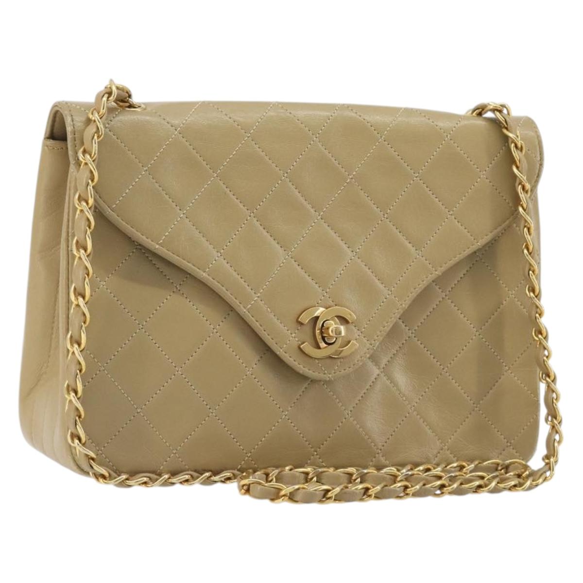 CHANEL Matelasse Chain Shoulder Bag Lamb Skin Beige Gold CC Auth BA14209A