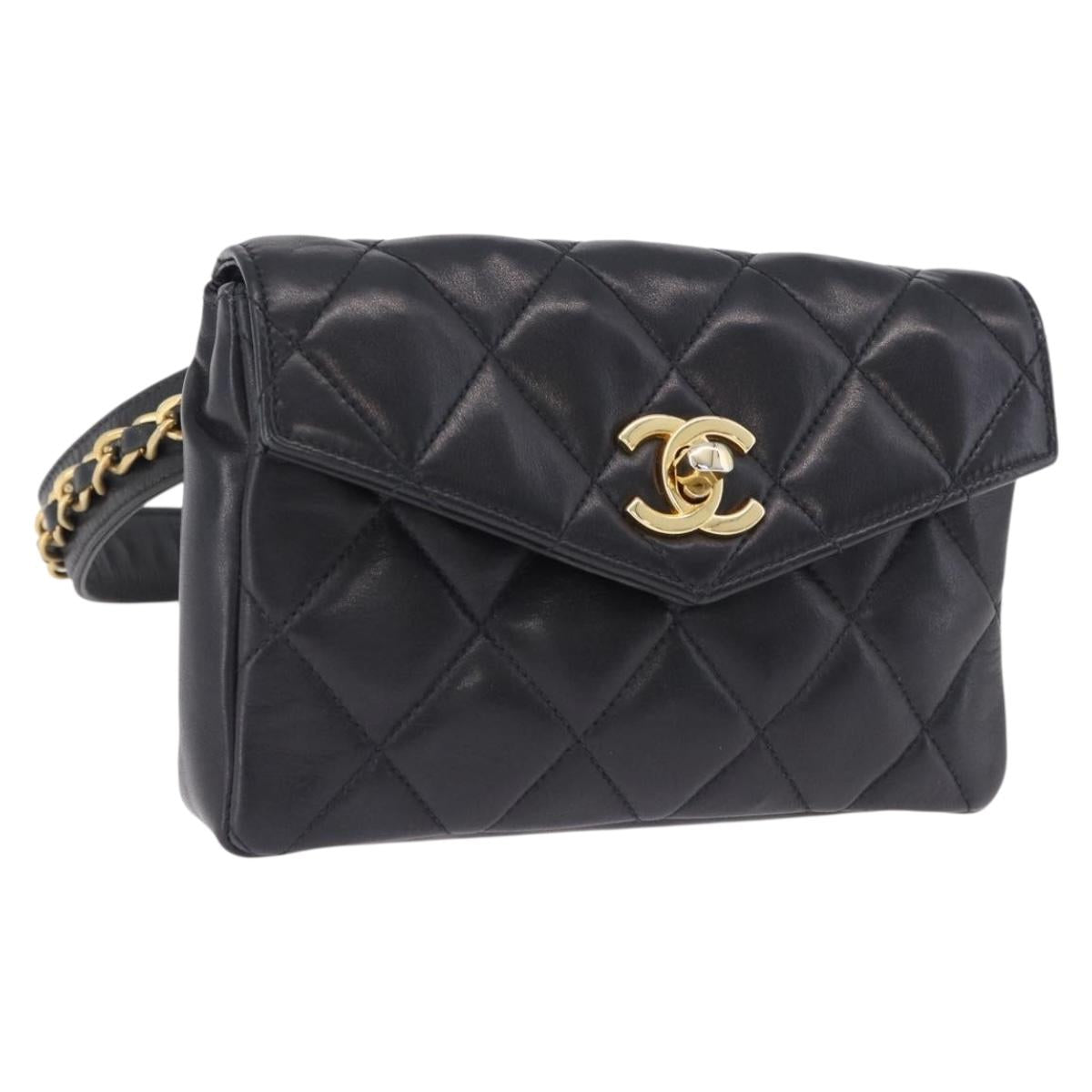 CHANEL Matelasse Waist Bag Lamb Skin Black Gold CC Auth BA14210