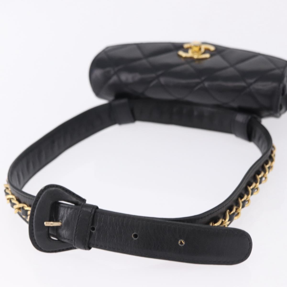 CHANEL Matelasse Waist Bag Lamb Skin Black Gold CC Auth BA14210