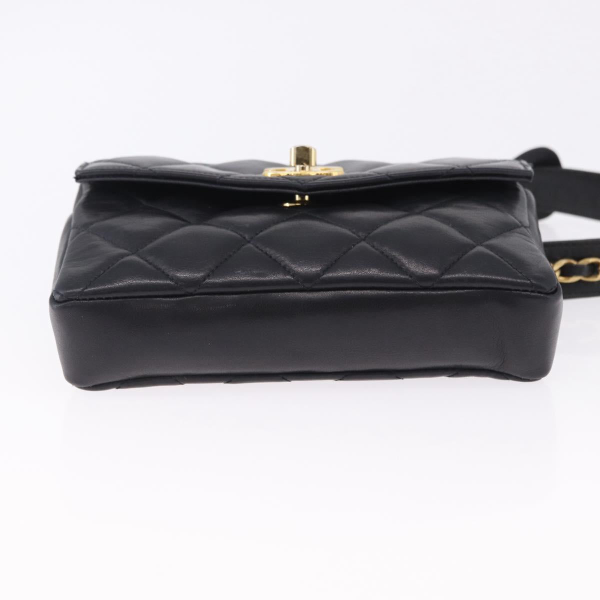 CHANEL Matelasse Waist Bag Lamb Skin Black Gold CC Auth BA14210