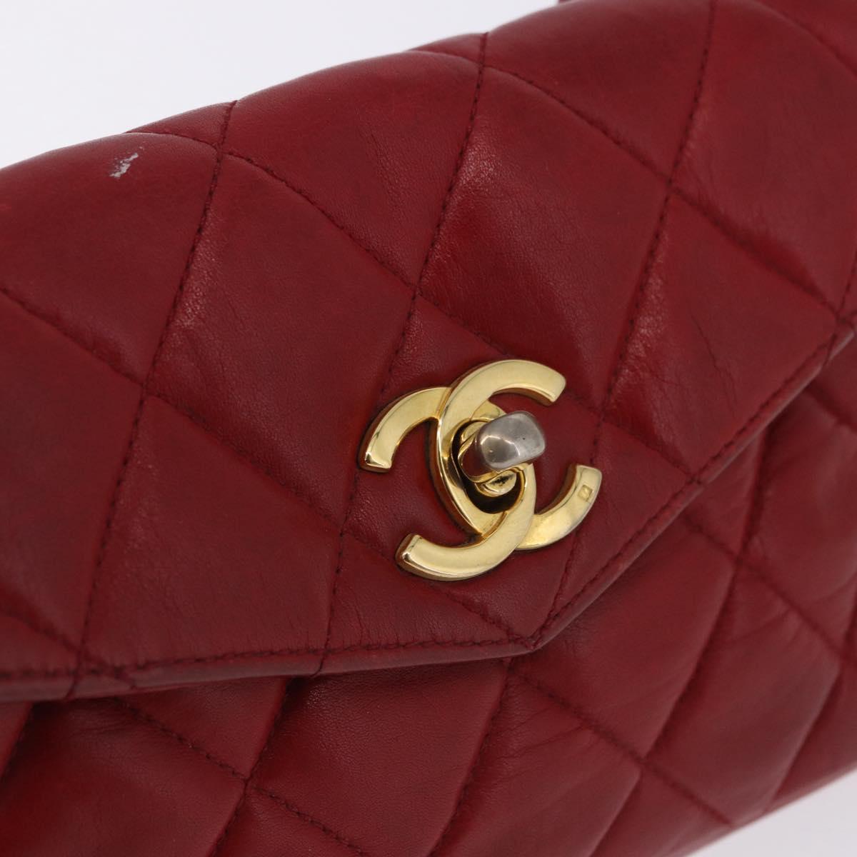 CHANEL Matelasse Waist Bag Lamb Skin Red Gold CC Auth BA14212