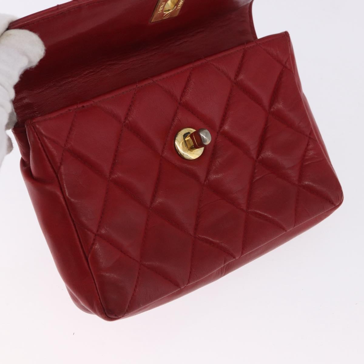 CHANEL Matelasse Waist Bag Lamb Skin Red Gold CC Auth BA14212