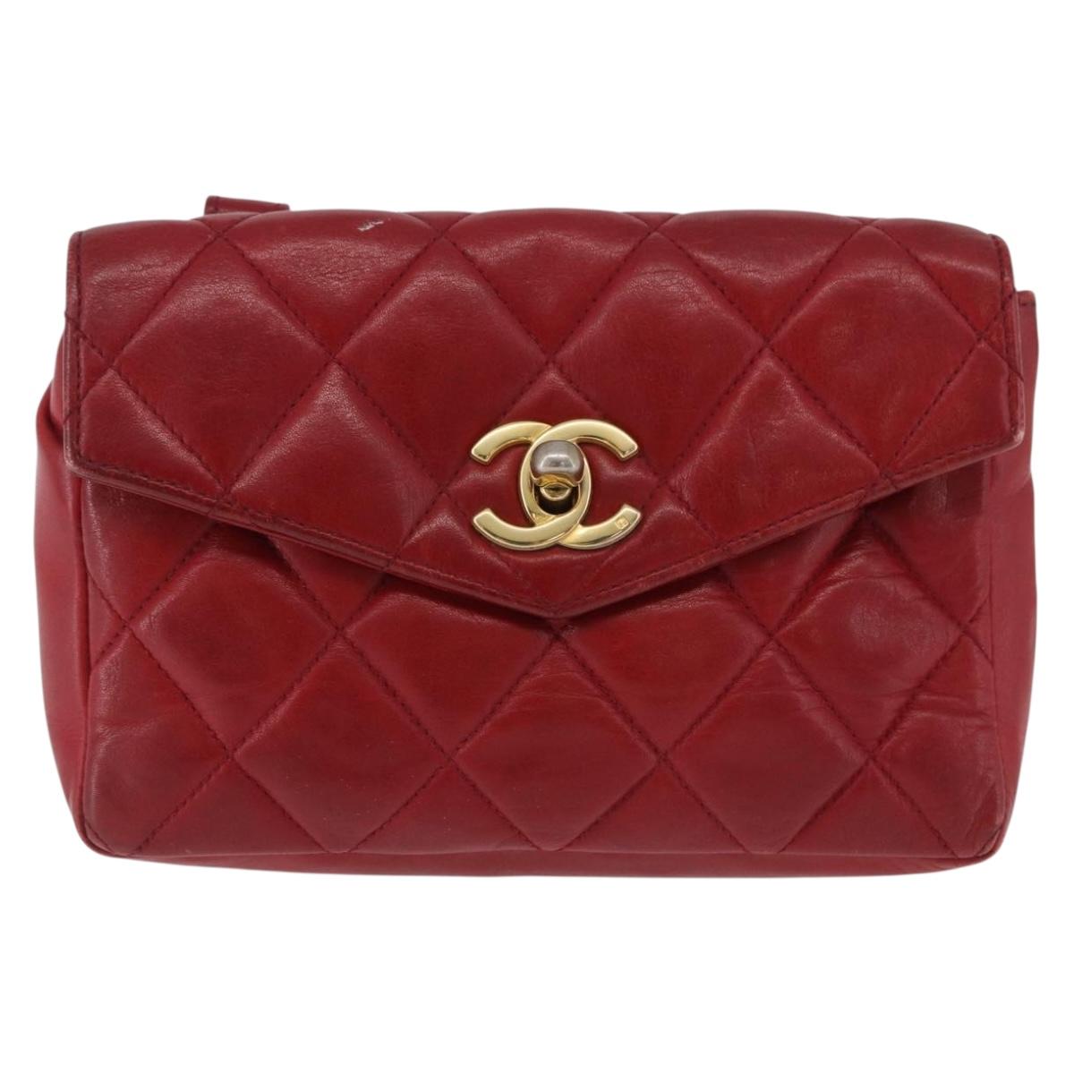 CHANEL Matelasse Waist Bag Lamb Skin Red Gold CC Auth BA14212