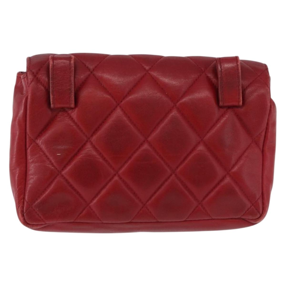 CHANEL Matelasse Waist Bag Lamb Skin Red Gold CC Auth BA14212