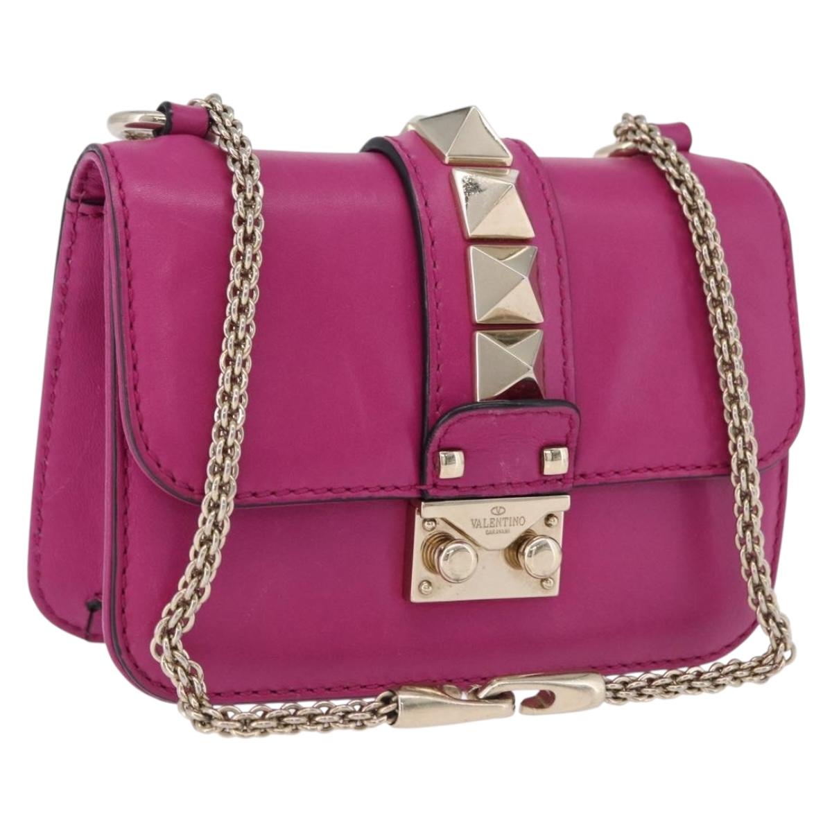 VALENTINO Studs Chain Shoulder Bag Leather Pink Gold Auth BA14213A