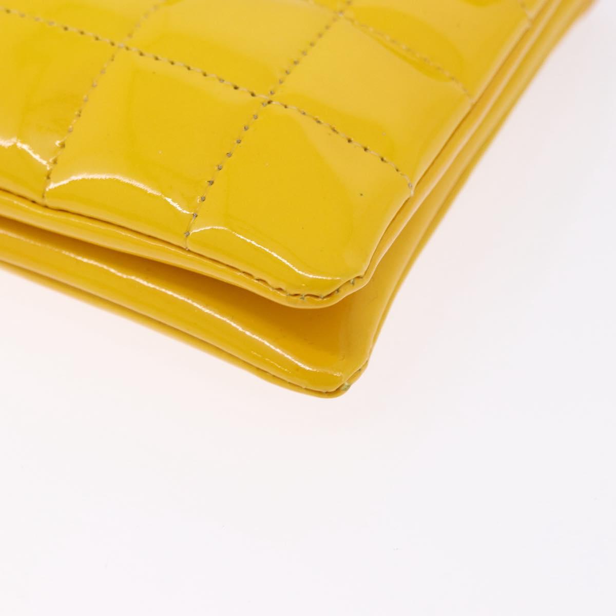 CHANEL Choco Bar line Chain Bag Patent Leather Yellow Silver CC Auth BA14214V