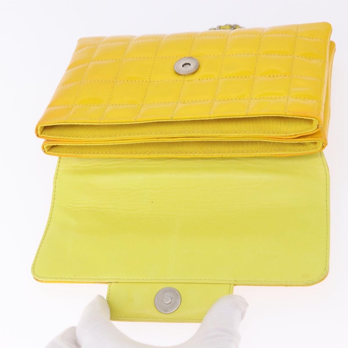 CHANEL Choco Bar line Chain Bag Patent Leather Yellow Silver CC Auth BA14214V