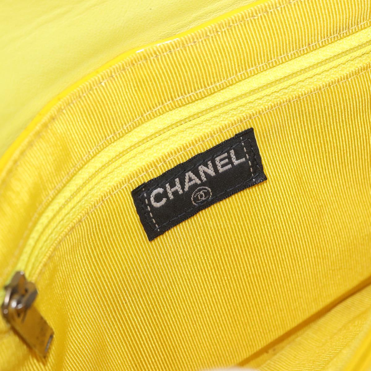 CHANEL Choco Bar line Chain Bag Patent Leather Yellow Silver CC Auth BA14214V