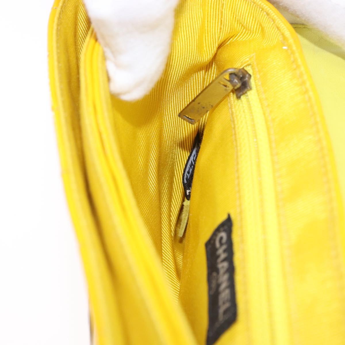 CHANEL Choco Bar line Chain Bag Patent Leather Yellow Silver CC Auth BA14214V