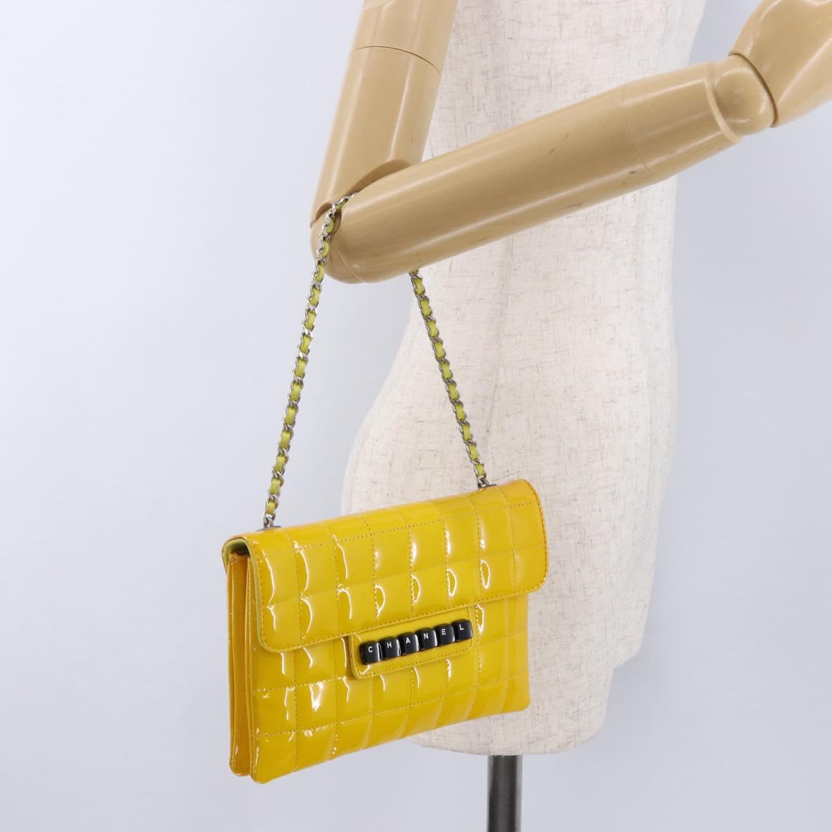CHANEL Choco Bar line Chain Bag Patent Leather Yellow Silver CC Auth BA14214V