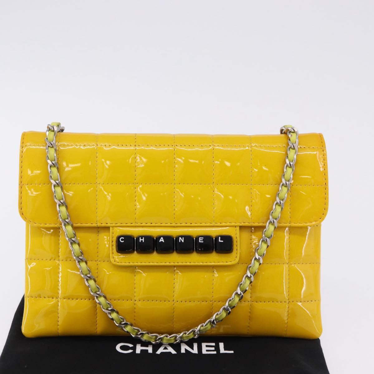 CHANEL Choco Bar line Chain Bag Patent Leather Yellow Silver CC Auth BA14214V