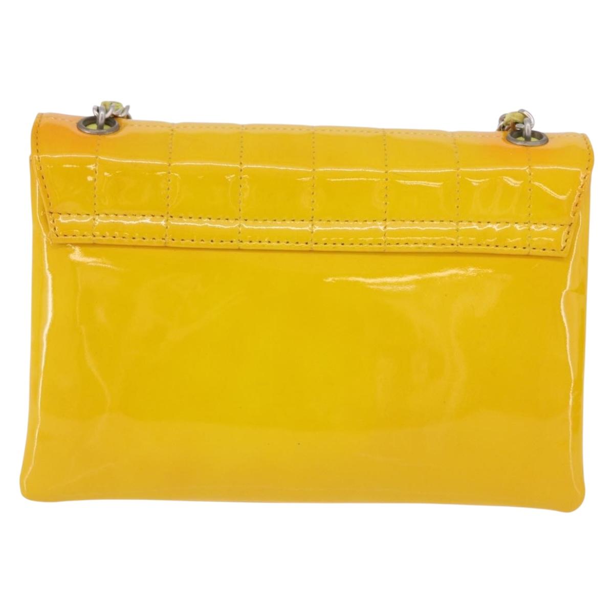 CHANEL Choco Bar line Chain Bag Patent Leather Yellow Silver CC Auth BA14214V