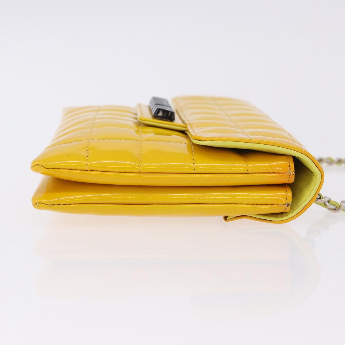 CHANEL Choco Bar line Chain Bag Patent Leather Yellow Silver CC Auth BA14214V