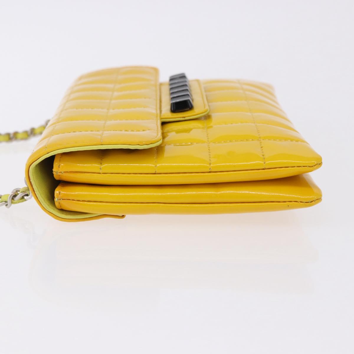 CHANEL Choco Bar line Chain Bag Patent Leather Yellow Silver CC Auth BA14214V