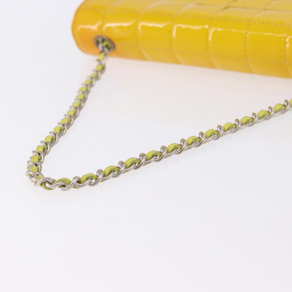 CHANEL Choco Bar line Chain Bag Patent Leather Yellow Silver CC Auth BA14214V