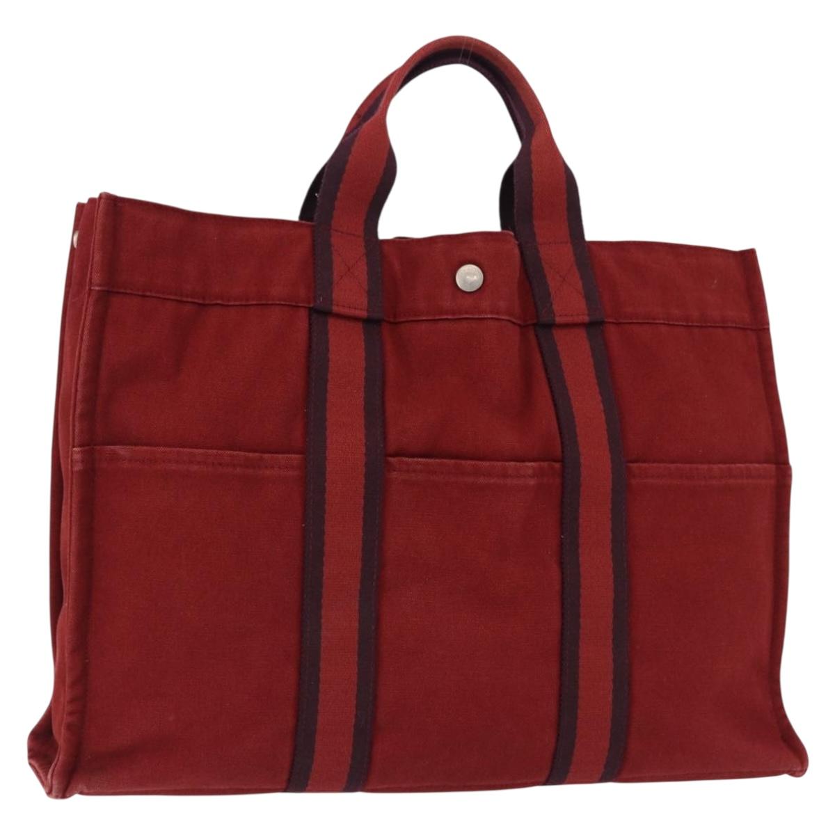 HERMES Fourre Tout MM Hand Bag Canvas Red Silver Auth BA14300