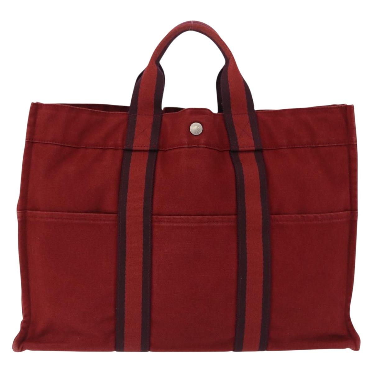HERMES Fourre Tout MM Hand Bag Canvas Red Silver Auth BA14300